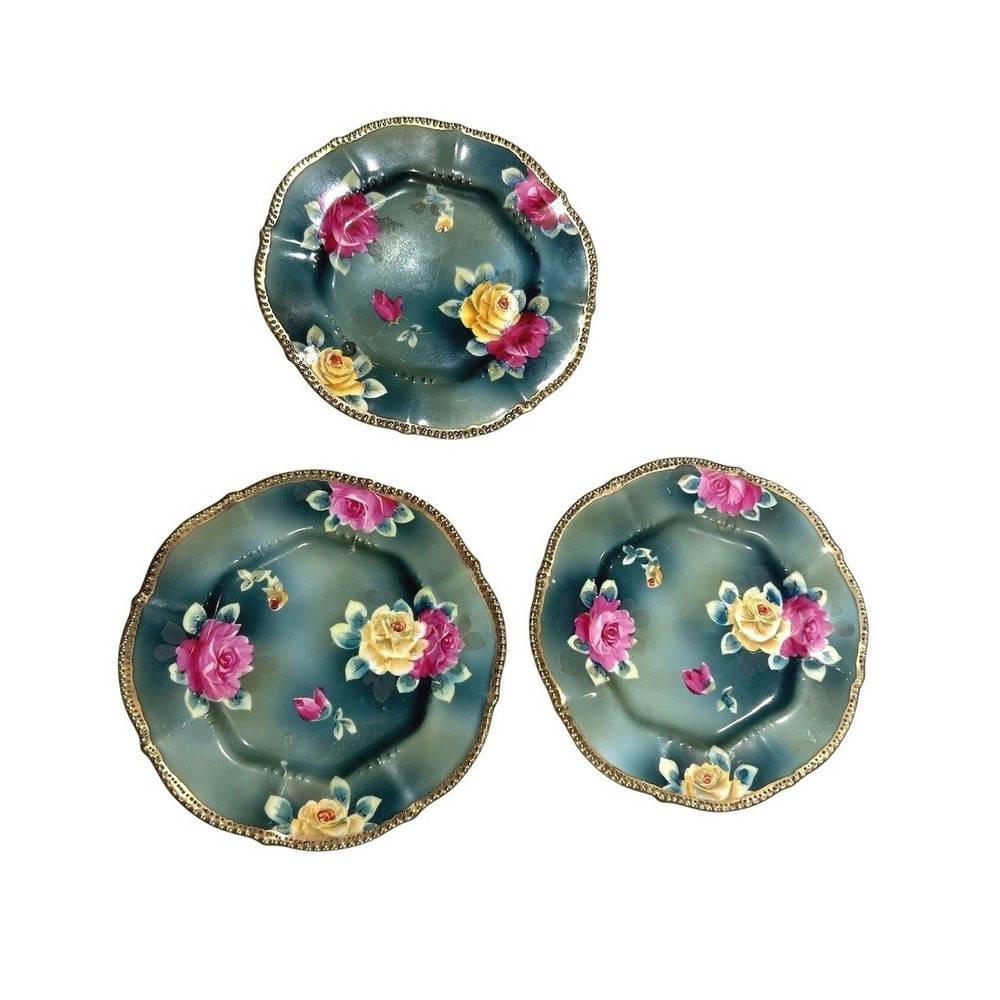 Antique Nippon Plates Set of 3 Hand‎ Painted Roses Green 6.25 Inch Floral Japan